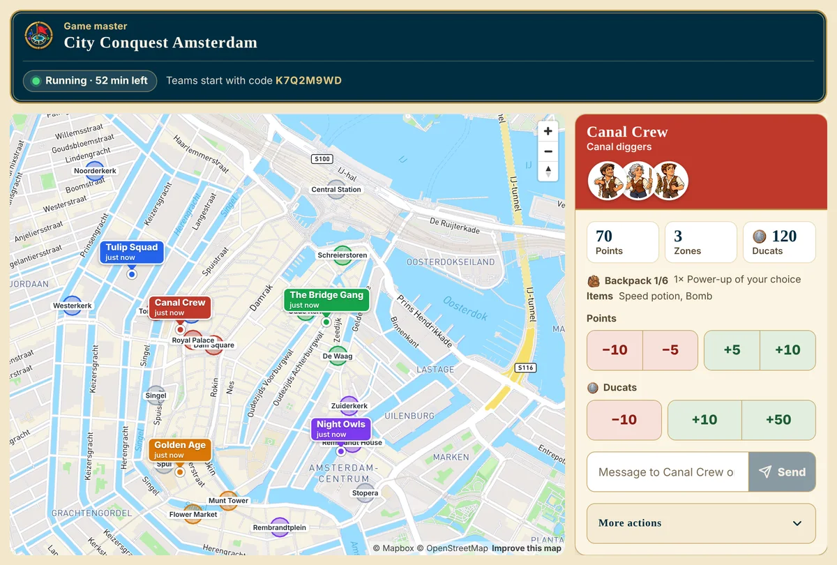 The City Conquest game master screen during a game: a live map with the teams and their zones, and one team's points, ducats and controls