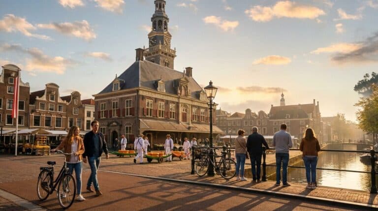 Tourists and traditional cheese carriers in front of the historic Waaggebouw building in Alkmaar during a beautiful sunset.