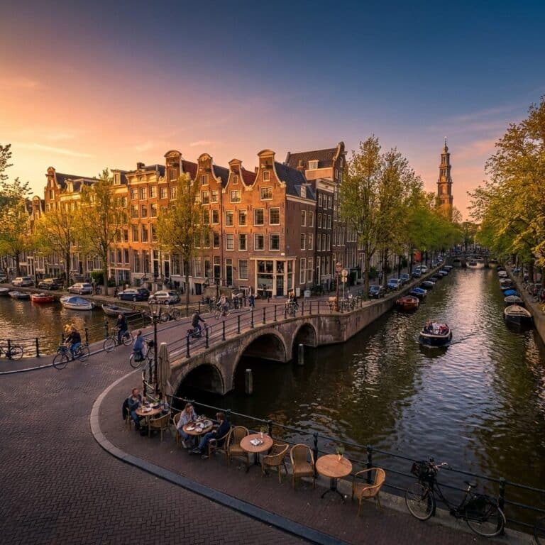 A scenic sunset view over the canals of Amsterdam with traditional houses, a bridge, and the Westerkerk tower.