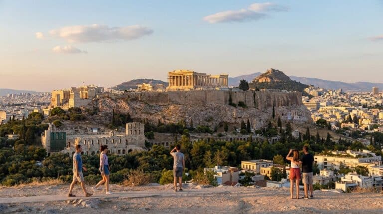 Tourists on a hill look out over the ancient Acropolis of Athens during a beautiful golden sunset.