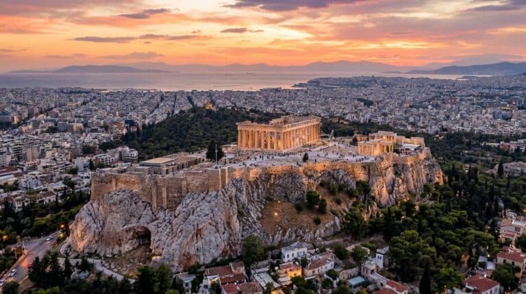 An aerial view of the Acropolis and the Parthenon overlooking the city of Athens, Greece at sunset.