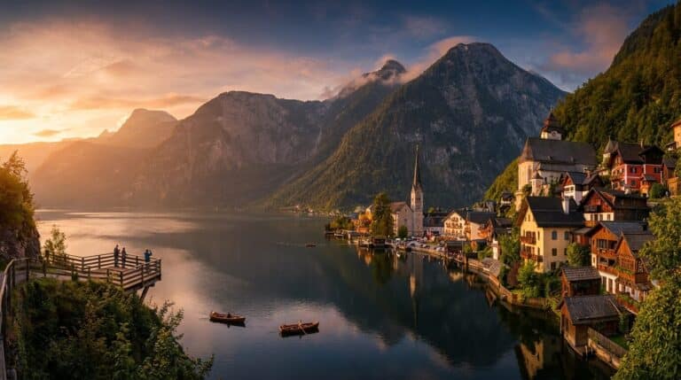 The picturesque village of Hallstatt, Austria, nestled on the shore of a lake at the foot of mountains at sunrise.