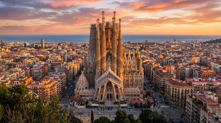 An elevated view of the Sagrada Família cathedral in Barcelona, Spain, with the city and sea at sunset.