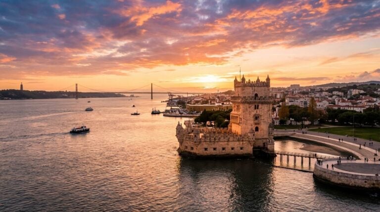 The Belém Tower on the Tagus River in Lisbon, Portugal, with the 25 de Abril Bridge at sunset.