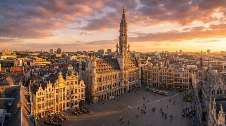An elevated view of the Grand-Place in Brussels, Belgium, bathed in the warm light of a golden sunset.