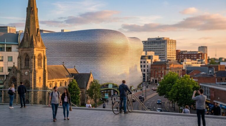 The historic St Martin's church stands next to the modern, disc-covered Selfridges building in Birmingham at sunset.