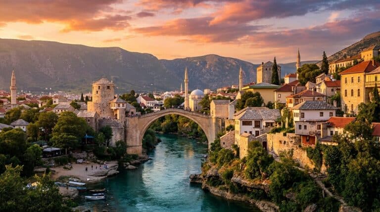 The historic Stari Most bridge arches over the Neretva river in Mostar, Bosnia and Herzegovina, during a scenic sunset.