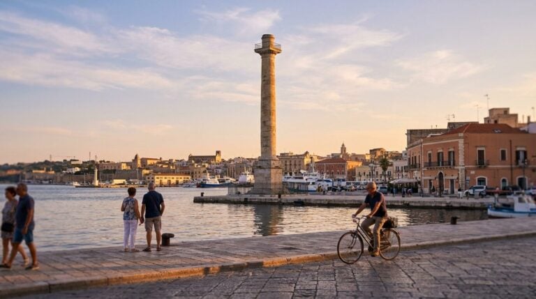 People stroll and cycle along the Brindisi waterfront promenade at sunset, with the famous Roman Column in view.