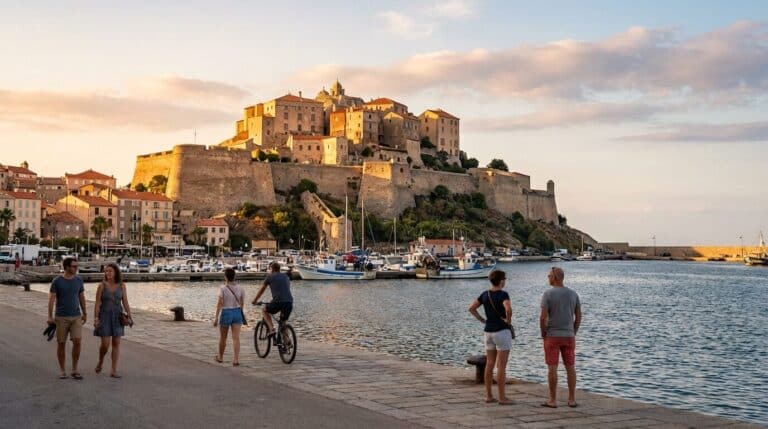 Tourists stroll along the harbor quay in Calvi with the historic Citadel on the hill at sunset.