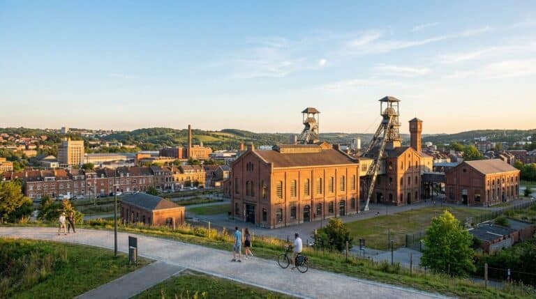 The historic Bois du Cazier coal mining site in Charleroi, viewed from a nearby hill at sunset.