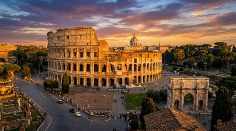 An elevated view of the Colosseum and the Arch of Constantine in Rome, Italy, under a dramatic sunset sky.