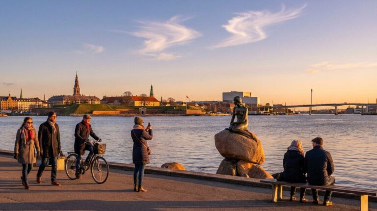Tourists admire the Little Mermaid statue on the waterfront in Copenhagen, Denmark, during a beautiful golden sunset.