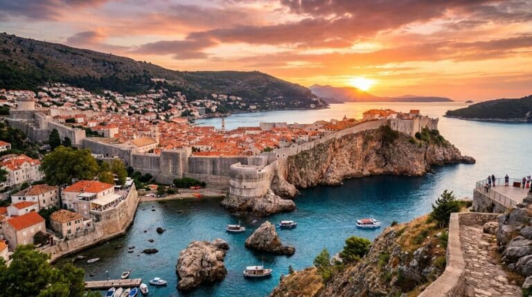 The historic walled Old Town of Dubrovnik, Croatia, situated on a cliff overlooking the Adriatic Sea at sunset.