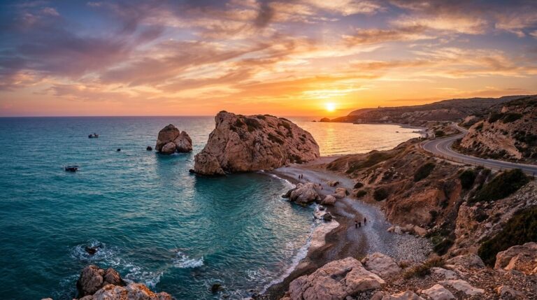 The famous sea stack of Aphrodite's Rock on the coast of Cyprus during a vibrant and colorful sunset.