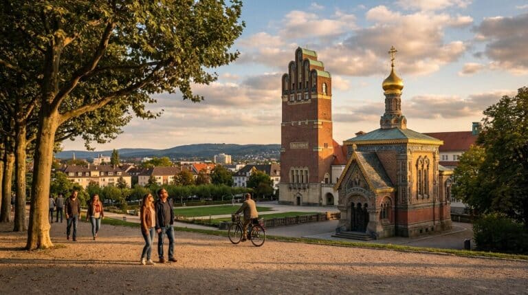 People enjoy a sunny evening on Mathildenhöhe hill in Darmstadt, with the Wedding Tower and Russian Chapel.