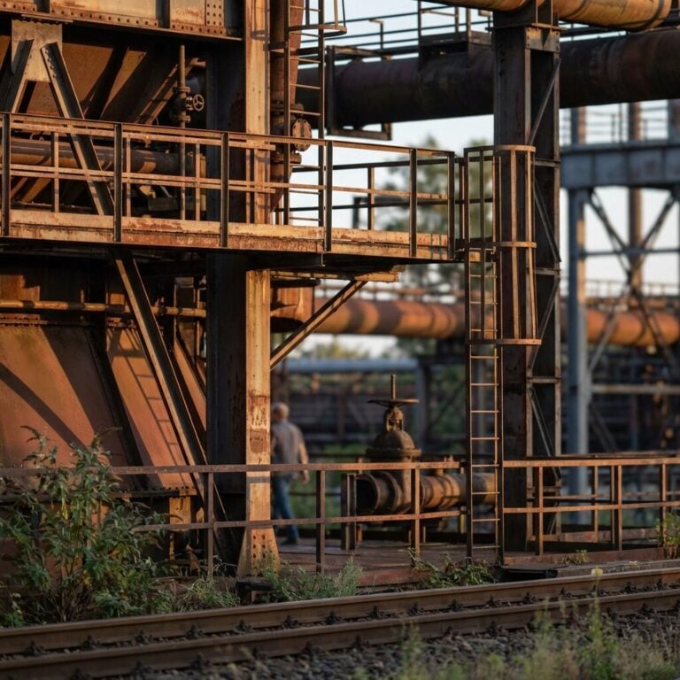 Rusty industrial walkways, pipes, and steel structures at the Landschaftspark Duisburg-Nord in Duisburg, Germany.