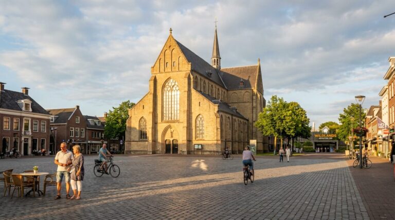 The Grote Kerk on the cobblestone town square in Emmen, with people cycling and the Wildlands Zoo entrance nearby.