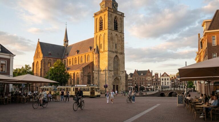 The Grote Kerk on the Oude Markt in Enschede during a sunny evening with people and a tram.