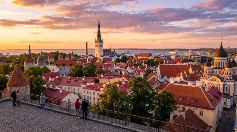 A scenic sunset view over the red rooftops and church spires of Tallinn's Old Town in Estonia.