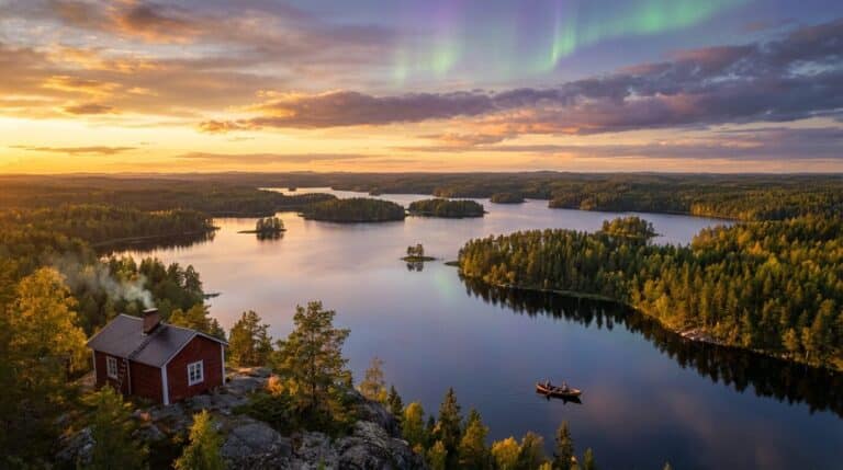 A red cabin on a hill overlooks a vast Finnish lake with many islands under a sunset sky with aurora.