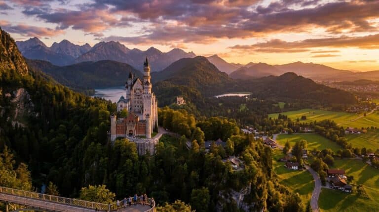 The iconic Neuschwanstein Castle perched on a hill in Bavaria, Germany, with the Alps mountains at sunset.