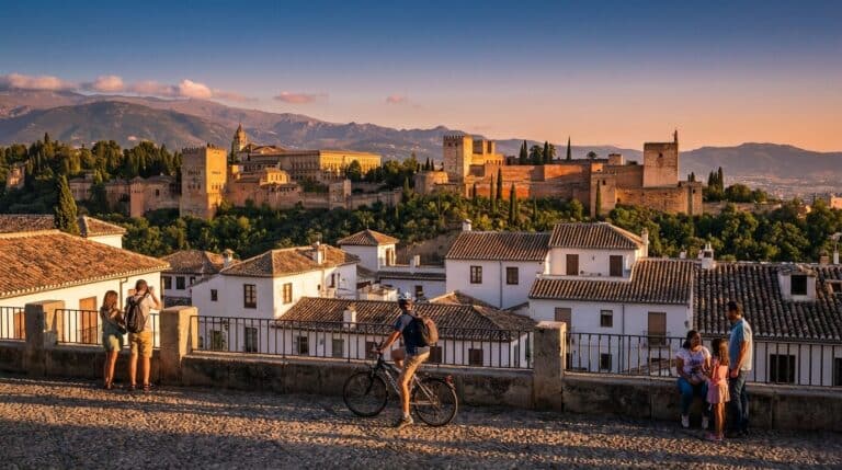 Tourists on a cobblestone viewpoint in Granada look out over whitewashed houses toward the Alhambra palace at sunset.