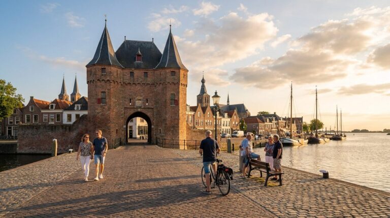 The historic Vischpoort city gate in Harderwijk at sunset, with people relaxing on the cobblestone pier by the harbor.