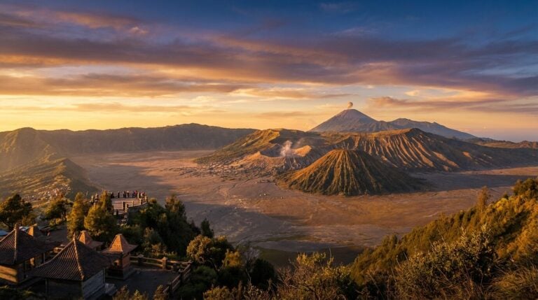 A stunning sunrise view over the active volcanoes of Mount Bromo and Mount Semeru in Indonesia.