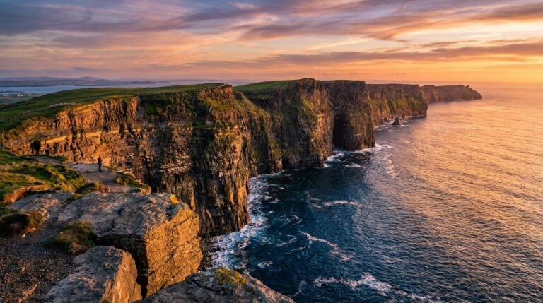 The iconic Cliffs of Moher in Ireland are illuminated by a colorful sunset over the Atlantic Ocean.