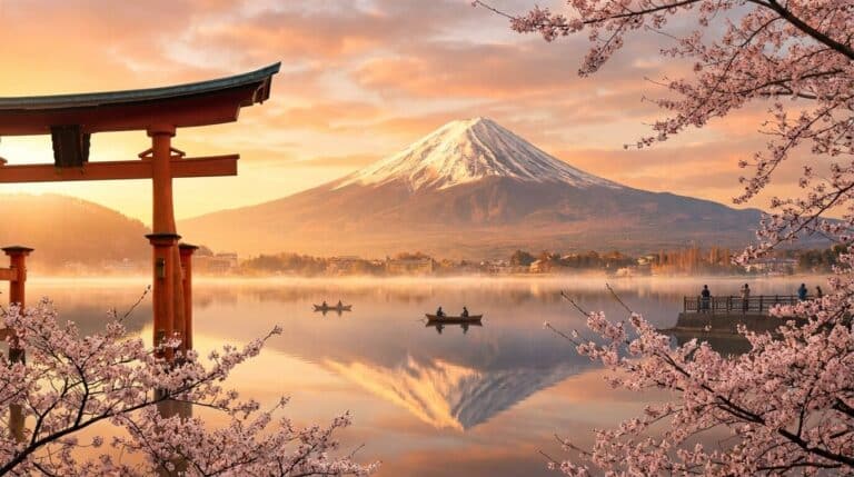 Cherry blossoms frame a stunning sunrise view of Mount Fuji and a red torii gate over a lake in Japan.