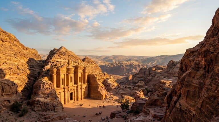 The rock-carved facade of the Ad-Deir Monastery in Petra, Jordan, glowing in the warm light of sunset.
