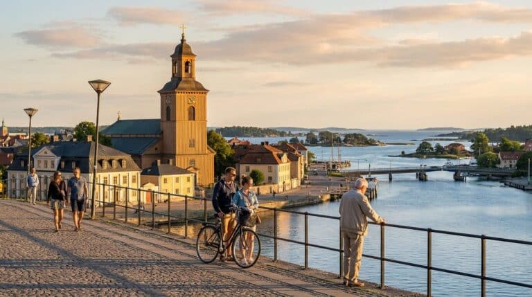 People on a cobblestone bridge in Karlskrona with the historic Admiralty Church and waterfront visible at sunset.