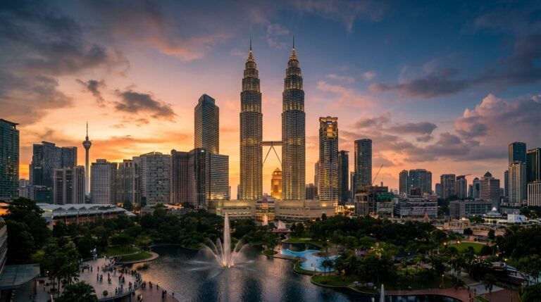 The Kuala Lumpur skyline in Malaysia, featuring the Petronas Towers and KLCC Park during a colorful sunset.