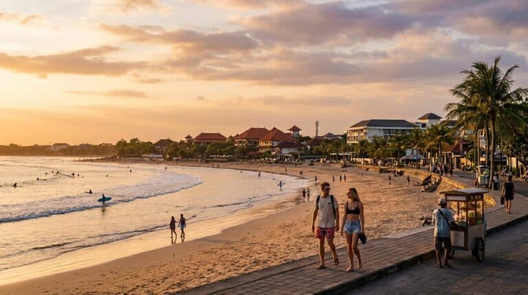 A couple walks along the promenade at Kuta Beach in Bali during a beautiful golden sunset.