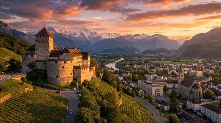 Vaduz Castle sits on a vineyard-covered hill above the city of Vaduz in Liechtenstein, with the Alps behind.