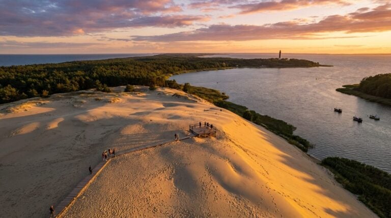 Golden sunset light illuminates the Parnidis Dune on the Curonian Spit, with people on a boardwalk and viewing platform in Lithuania.