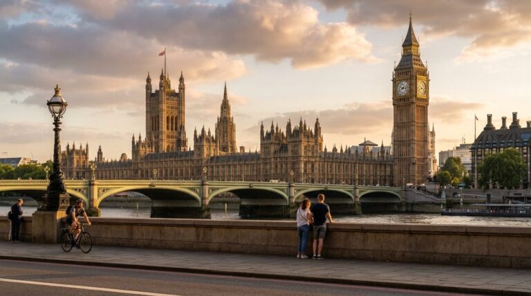 People on a promenade view the Palace of Westminster and Big Ben across the River Thames in London.