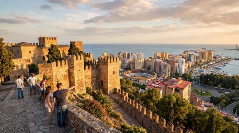 Sunset view over the city of Malaga from the Castillo de Gibralfaro, showing the port and bullring below.