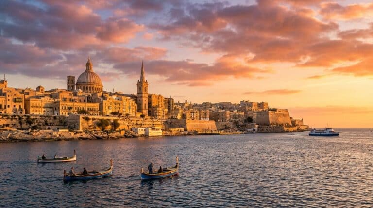 The historic skyline of Valletta, Malta, glows under a dramatic sunset, with traditional boats in the foreground.