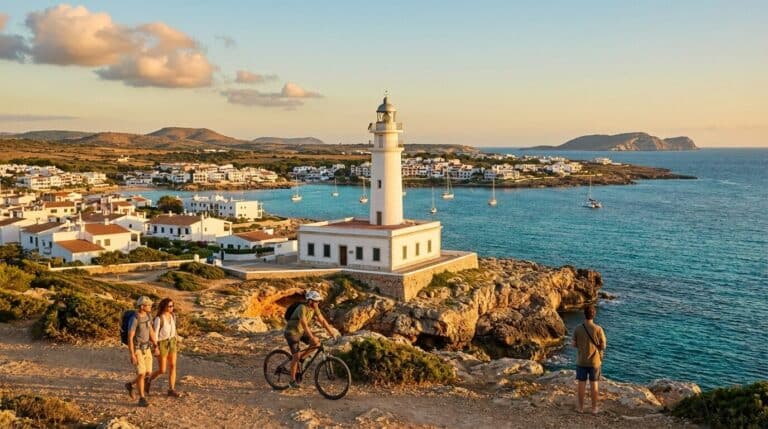 People hiking and cycling on a coastal path overlooking the Isla del Aire lighthouse and Punta Prima, Menorca.