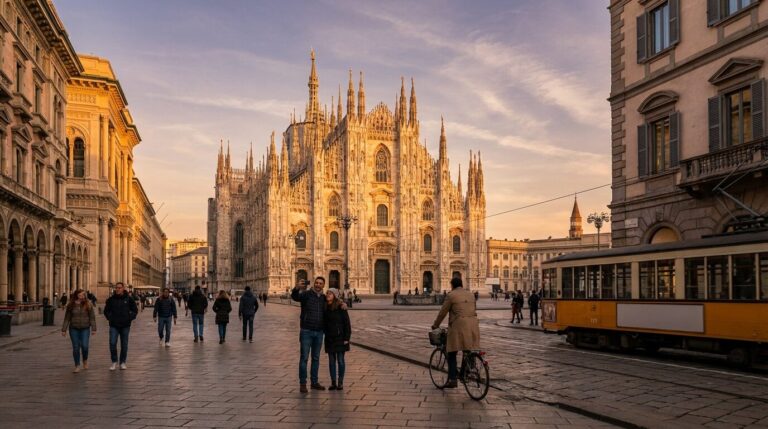 The impressive facade of the Milan Duomo cathedral at sunset, with people and a yellow tram in the square.