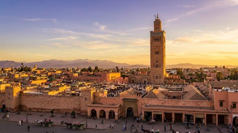 A view of the Koutoubia Mosque and Djemaa el-Fna square in Marrakech, Morocco, during a golden sunset.