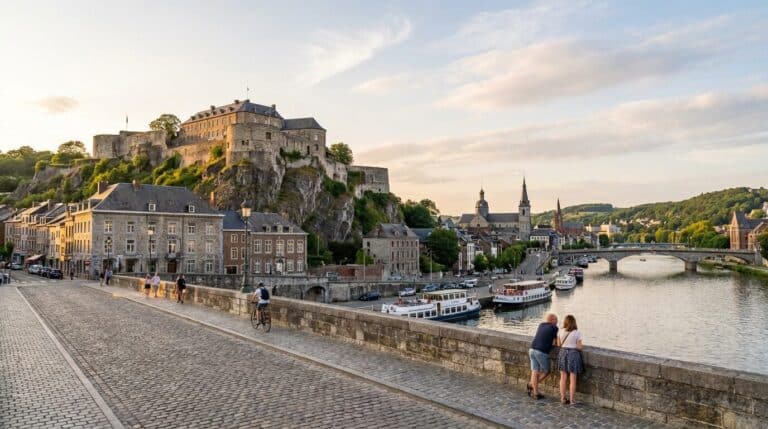 A scenic view of the Citadel of Namur perched above the Meuse river in Belgium during a golden sunset.