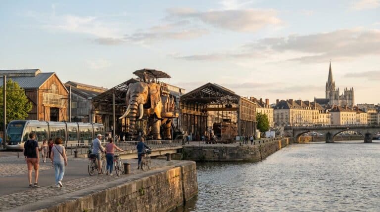 A waterfront view of Nantes showing the Grand Elephant, a passing tram, and the cathedral in the distance.