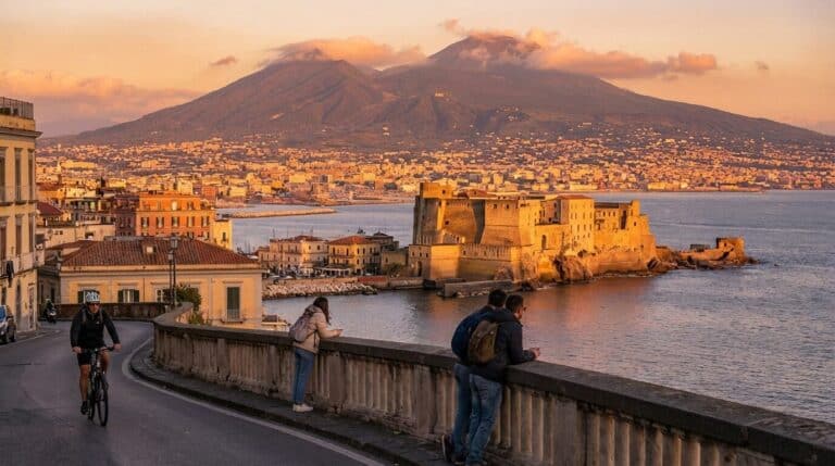 A scenic view over the Bay of Naples showing Castel dell'Ovo with Mount Vesuvius in the background at sunset.