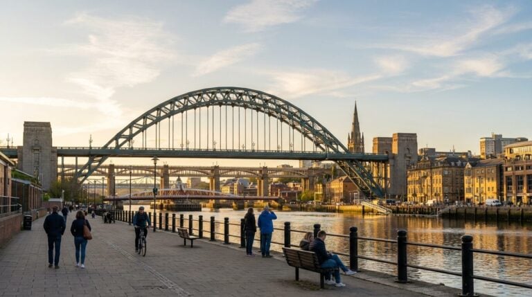 People enjoying a sunny evening on the Quayside in Newcastle upon Tyne, with the Tyne Bridge in the background.