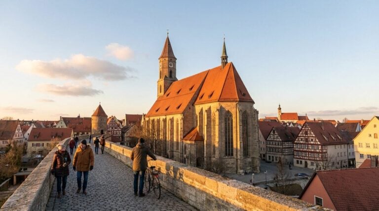 A view of St. George's Church and the historic old town of Nördlingen, Germany, from the city wall at sunset.