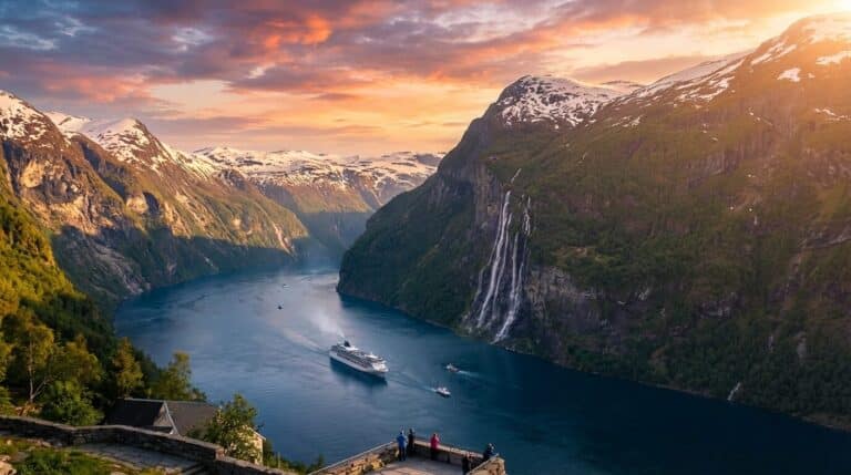 A cruise ship sails through Norway's Geirangerfjord at sunset, with the Seven Sisters waterfall visible on the mountainside.