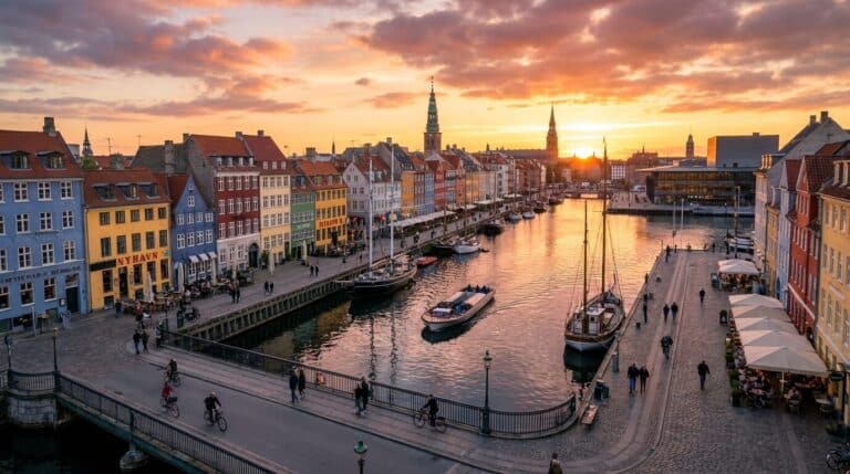 A scenic view of the colorful buildings along the Nyhavn canal in Copenhagen, Denmark, during a beautiful sunset.