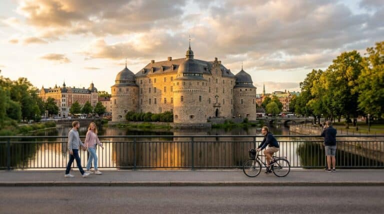 People walk and cycle across a bridge with the historic Örebro Castle in the background at sunset.
